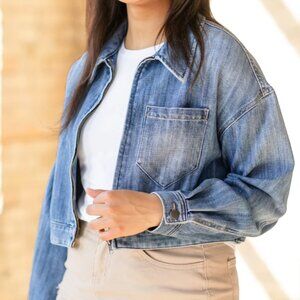 💙 KUT from the Kloth® Luna Oversized Crop Zip Front Denim Jacket –L -Worn 1 X💙